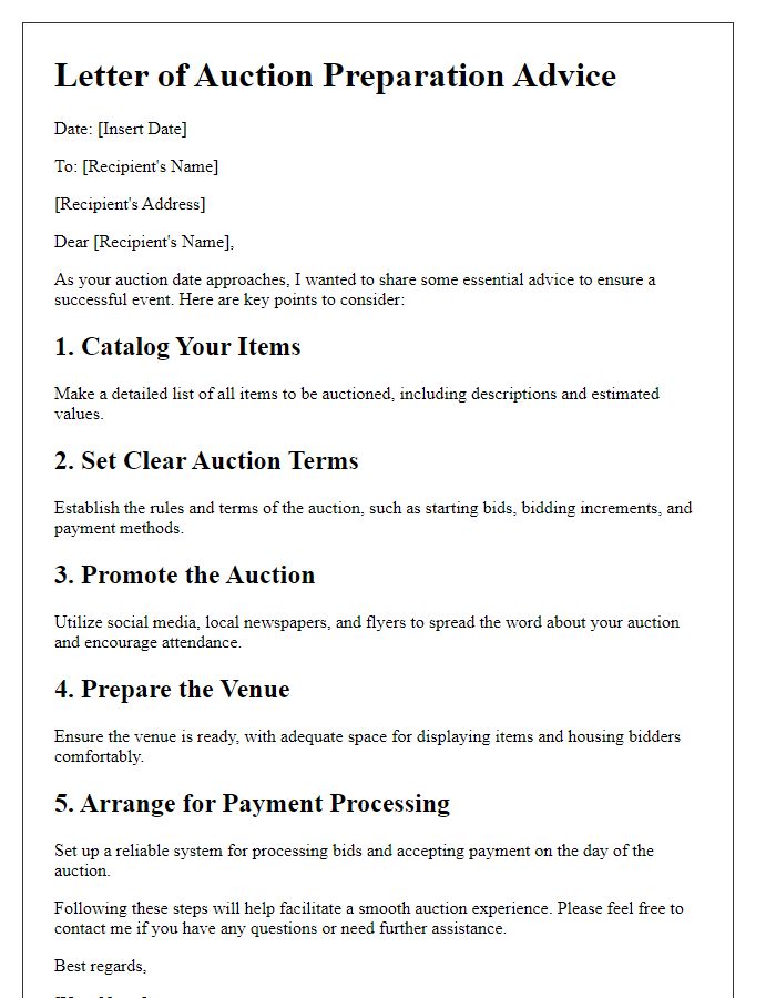 Letter template of auction preparation advice