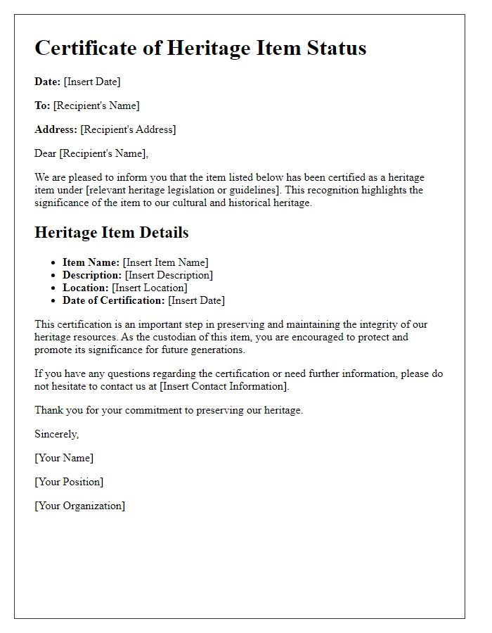 Letter template of heritage item certification