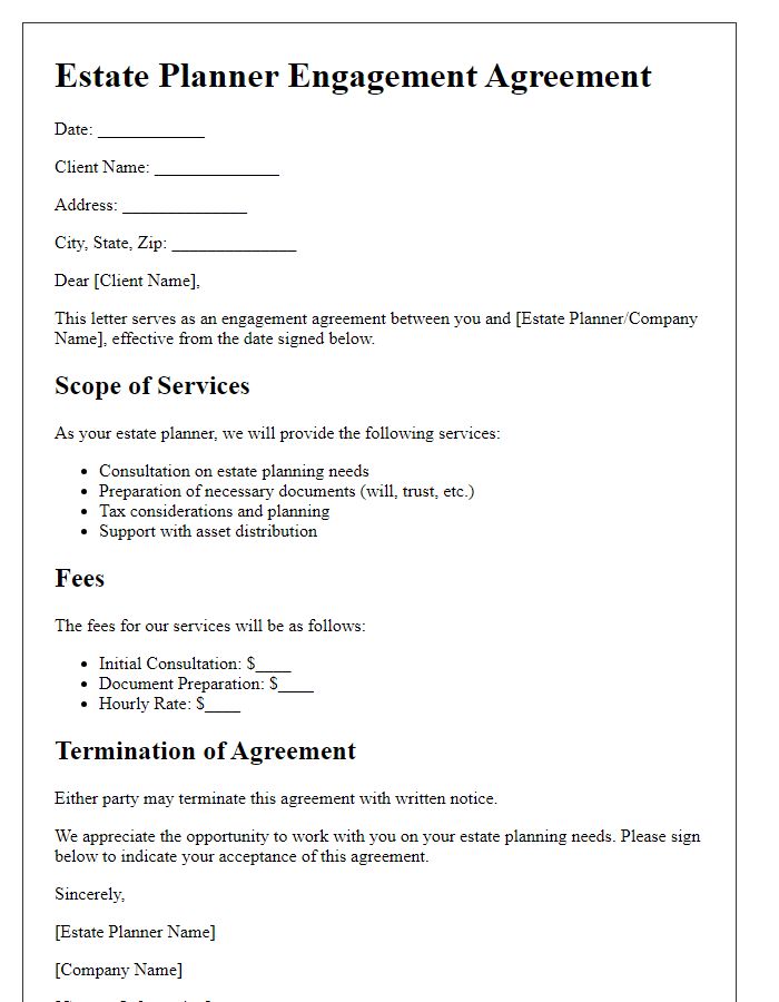 Letter template of estate planner engagement agreement