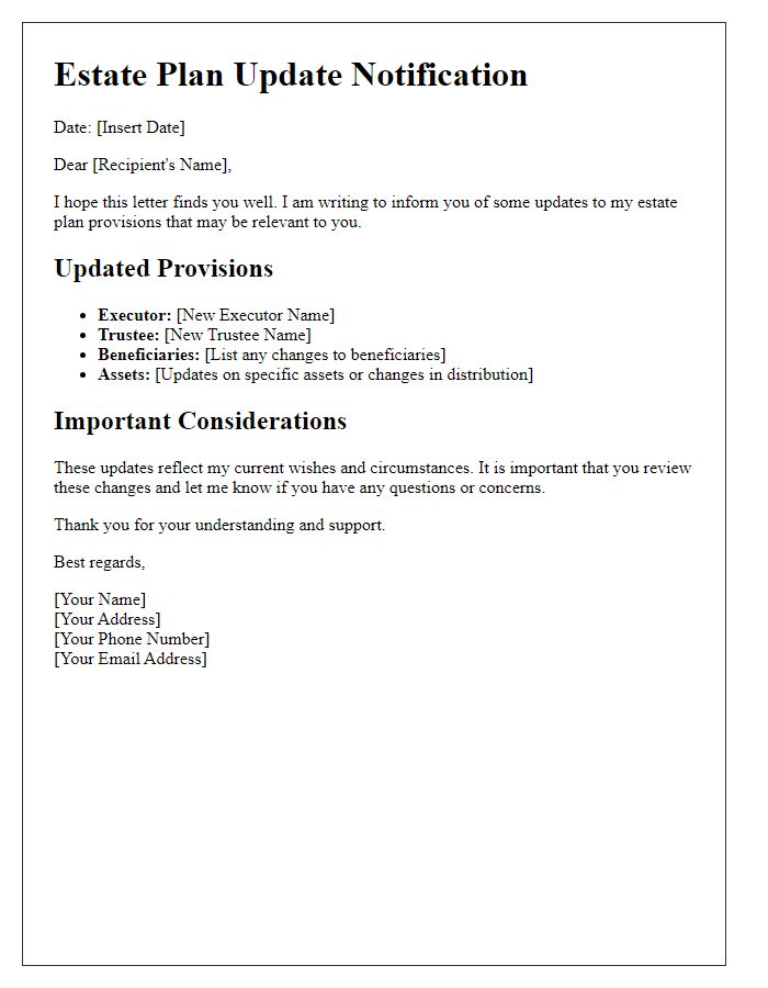 Letter template of updates to estate plan provisions