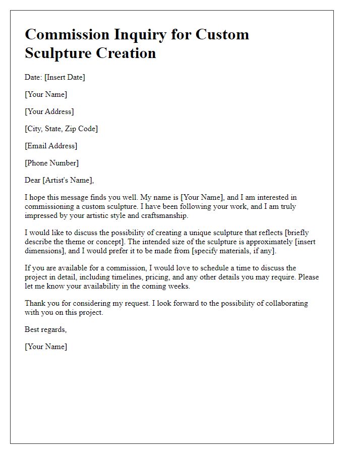 Letter template of commission inquiry for custom sculpture creation