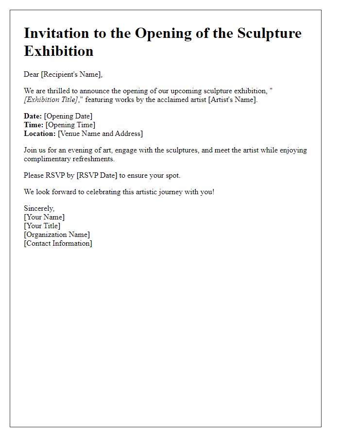 Letter template of exhibition opening announcement for sculpture show