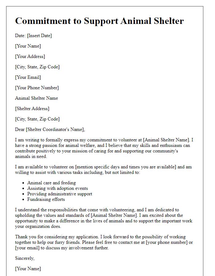 Letter template of commitment to support animal shelter as a volunteer