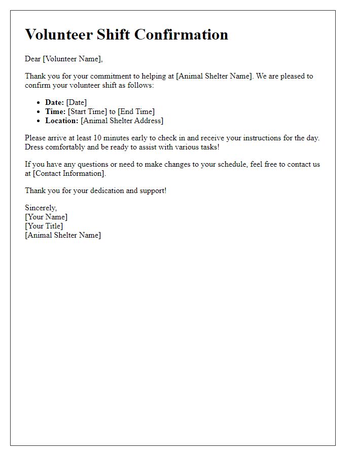 Letter template of confirmation for animal shelter volunteer shift