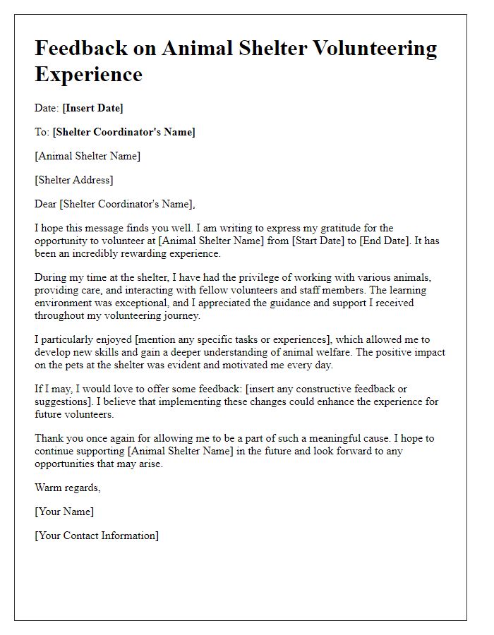 Letter template of feedback for animal shelter volunteering experience