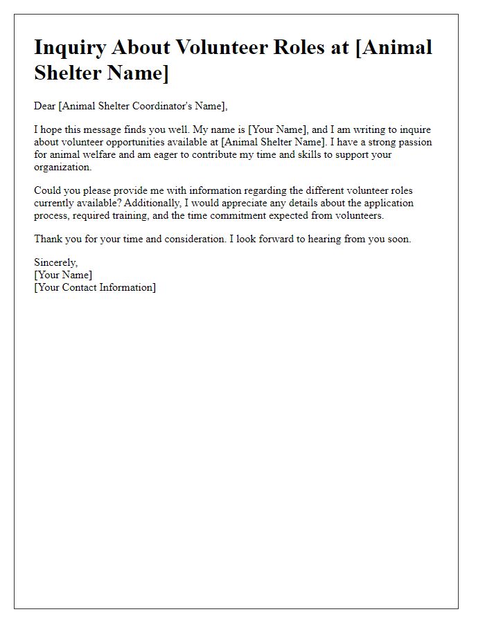 Letter template of inquiry about animal shelter volunteer roles