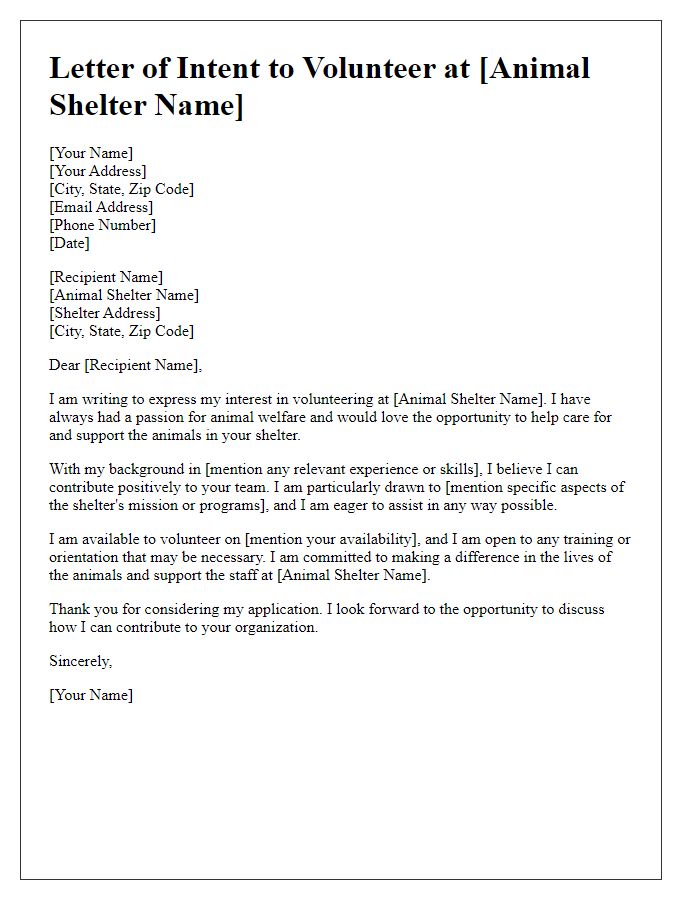 Letter template of intent to volunteer at animal shelter