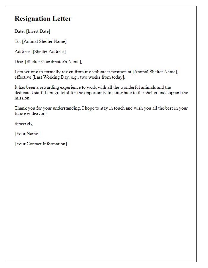 Letter template of resignation from animal shelter volunteer position