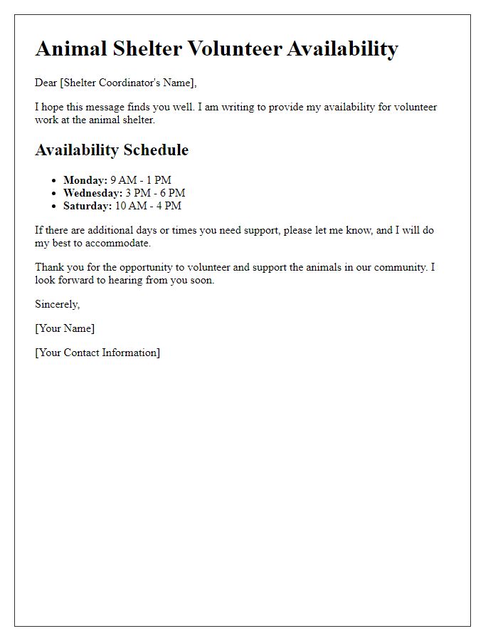 Letter template of scheduling availability for animal shelter volunteer work