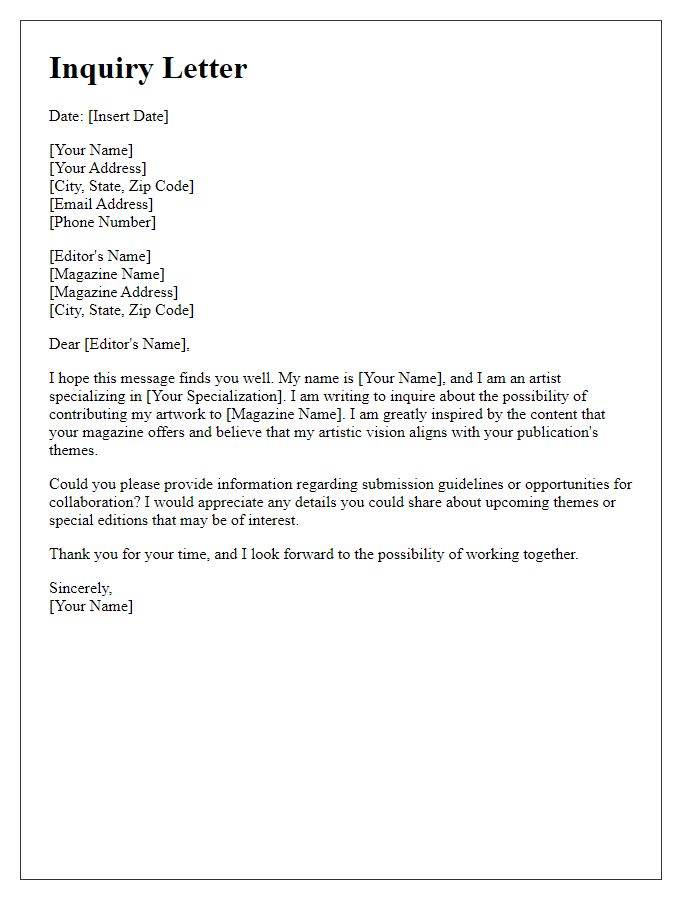 Letter template of inquiry to magazine editor regarding artistic contributions