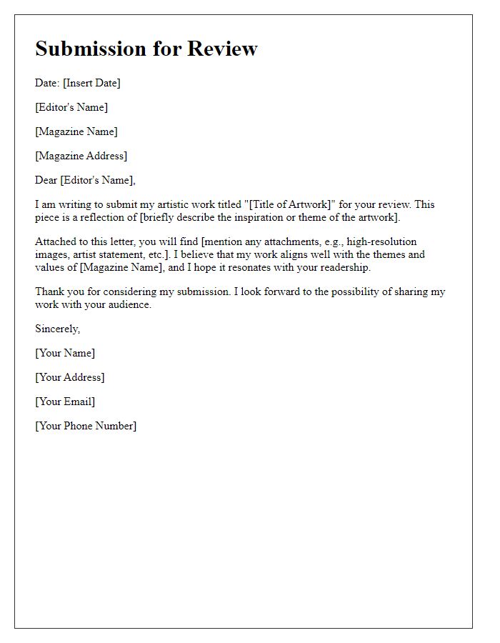 Letter template of submission for magazine editor's review of artistic work