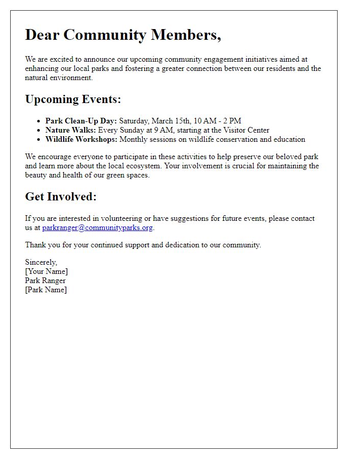 Letter template of park ranger community engagement efforts.