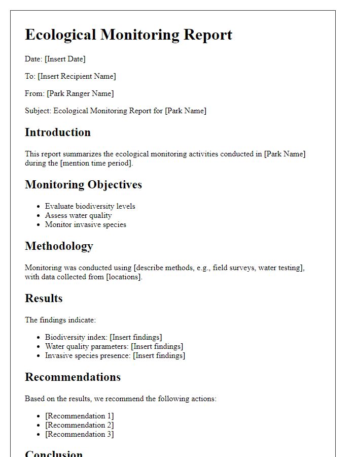 Letter template of park ranger ecological monitoring report.