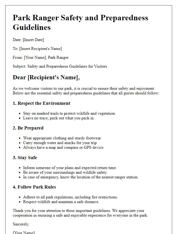 Letter template of park ranger safety and preparedness guidelines.