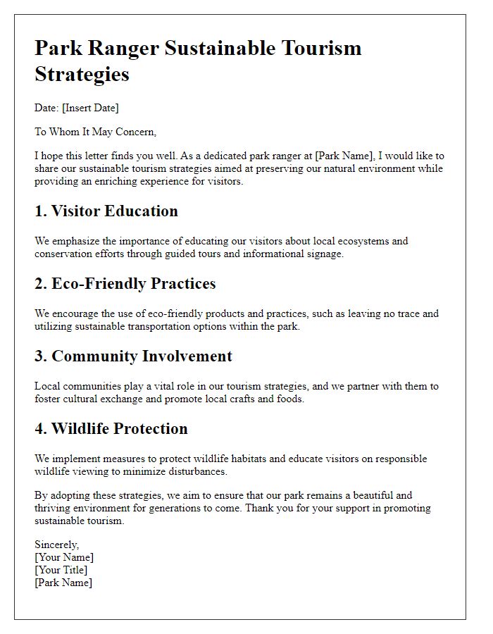 Letter template of park ranger sustainable tourism strategies.