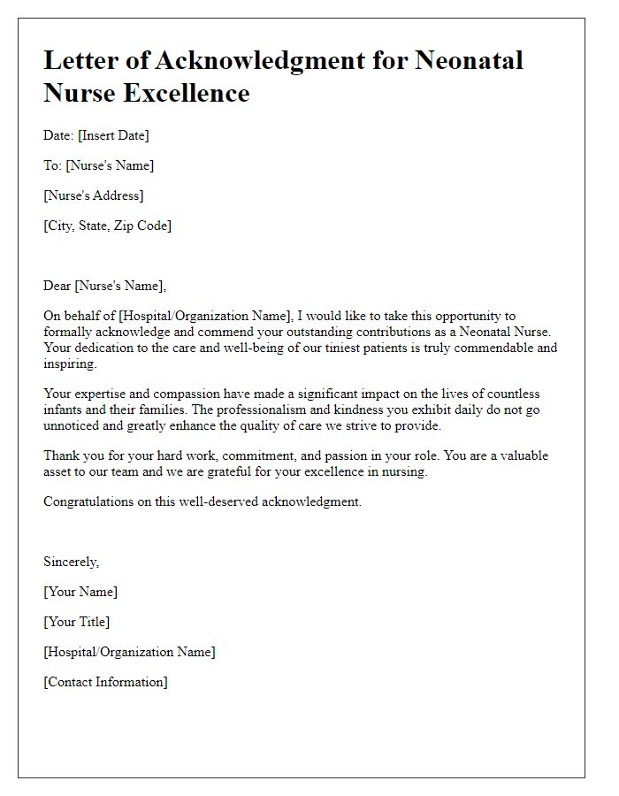 Letter template of acknowledgment for neonatal nurse excellence.