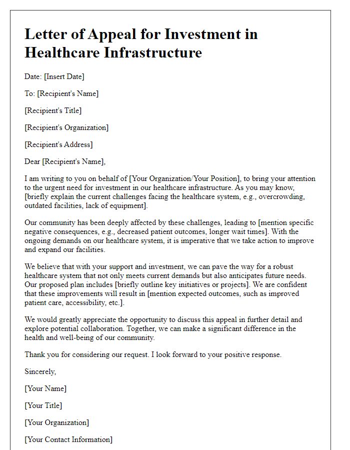 Letter template of appeal for investment in healthcare infrastructure