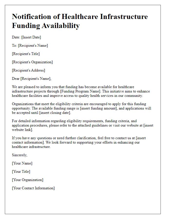 Letter template of notification regarding healthcare infrastructure funding availability