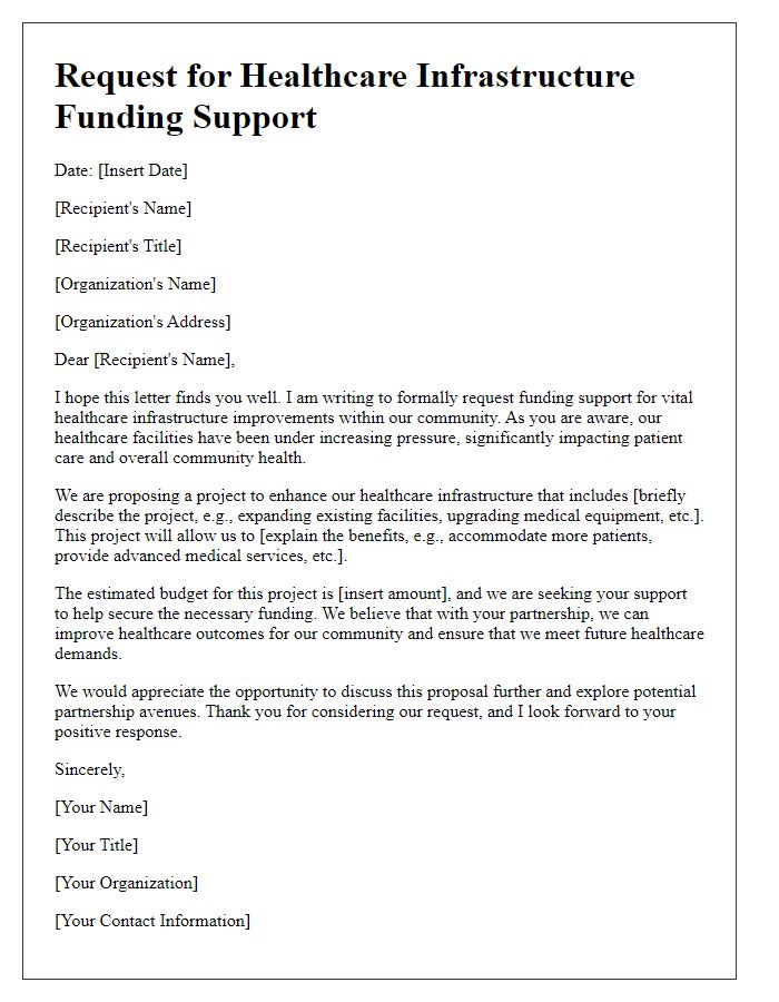 Letter template of request for healthcare infrastructure funding support