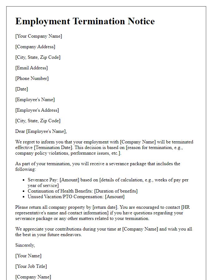 Letter template of employment termination with severance details