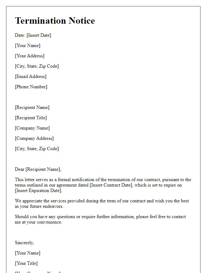 Letter template of termination notice for contract expiration