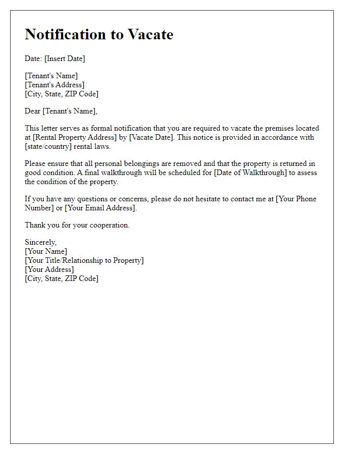 Letter template of notification to vacate