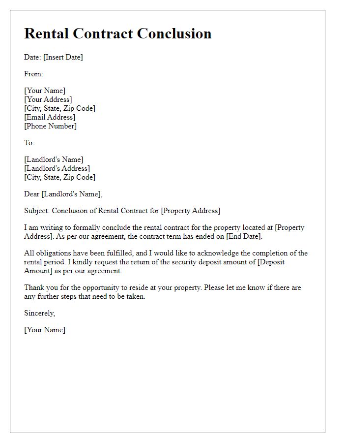 Letter template of rental contract conclusion