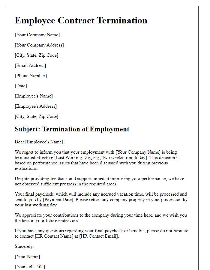 Letter template of employee contract termination due to performance issues.