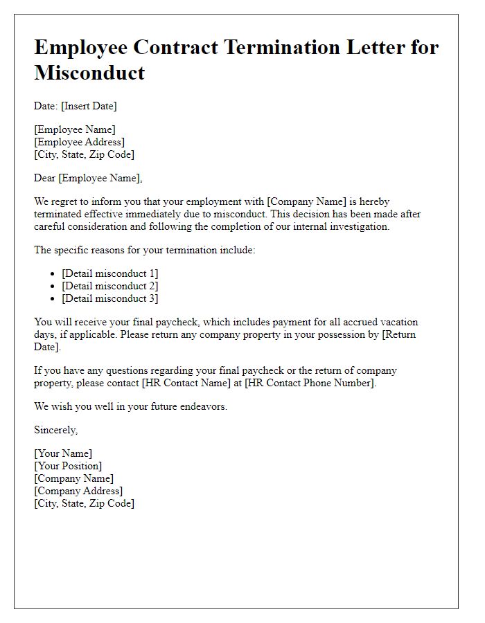 Letter template of employee contract termination for misconduct.