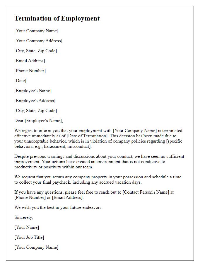 Letter template of employee contract termination for unacceptable behavior.