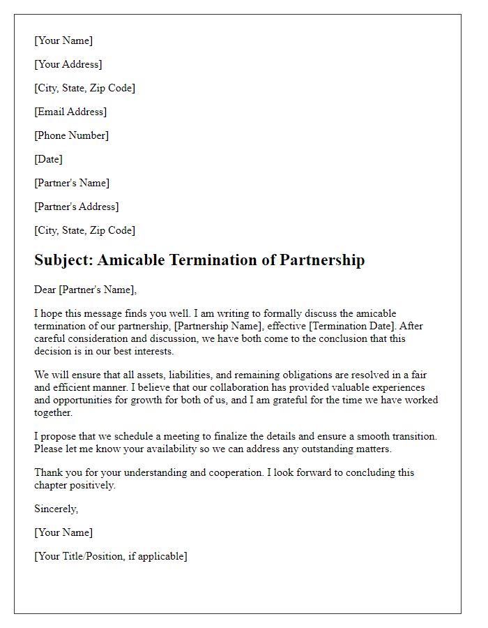 Letter template of amicable termination of partnership.