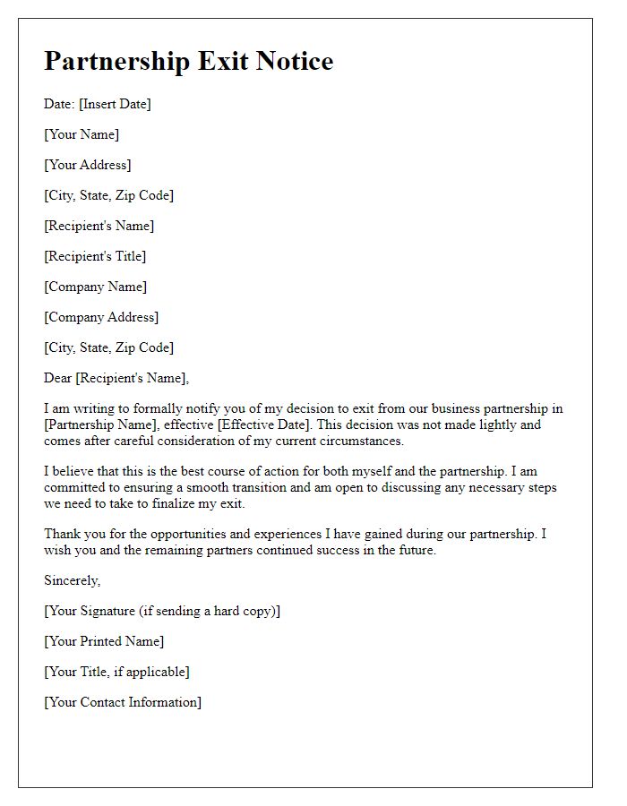 Letter template of business partnership exit notice.