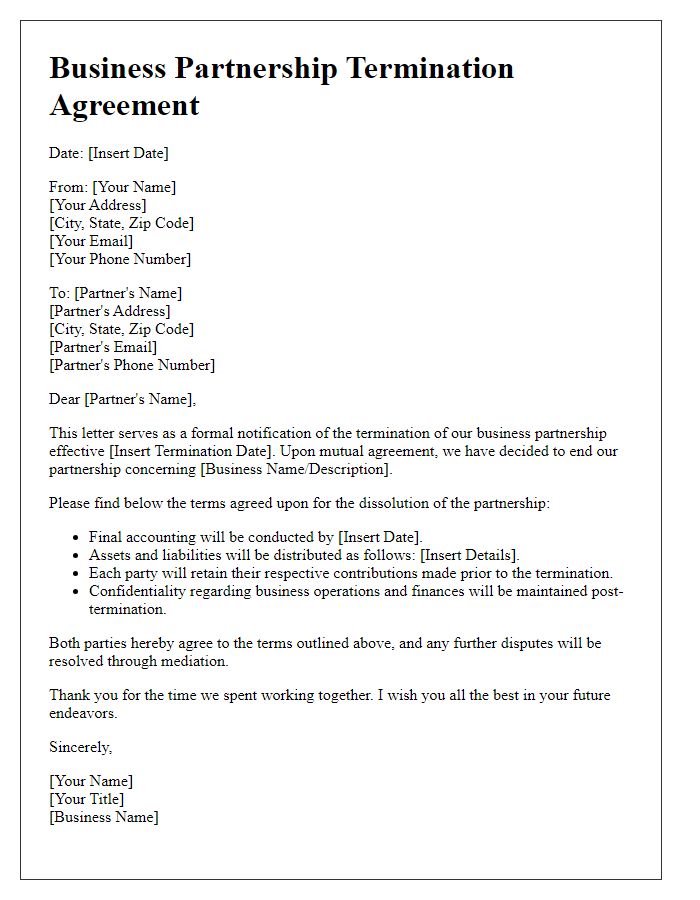 Letter template of business partnership termination agreement.