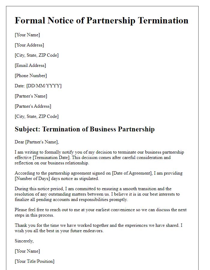 Letter template of formal notice for ending a business partnership.