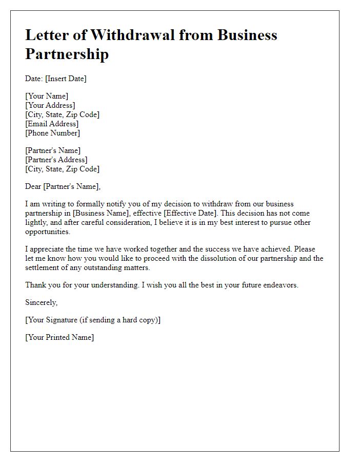 Letter template of withdrawal from business partnership.