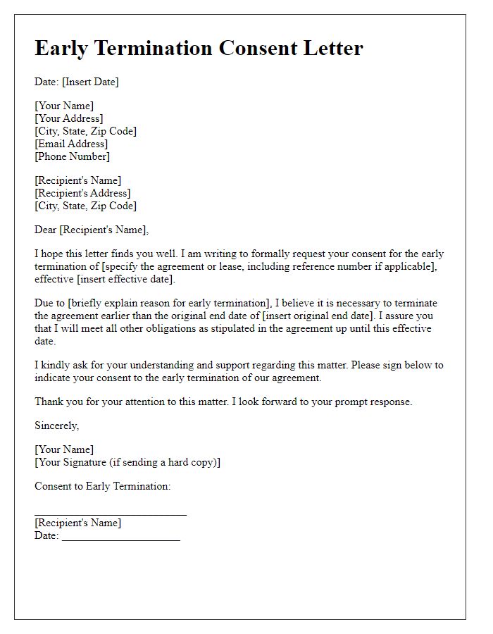 Letter template of Early Termination Consent Letter