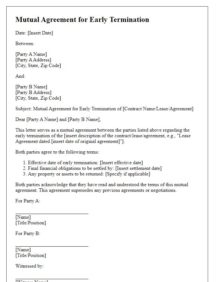 Letter template of Mutual Agreement for Early Termination