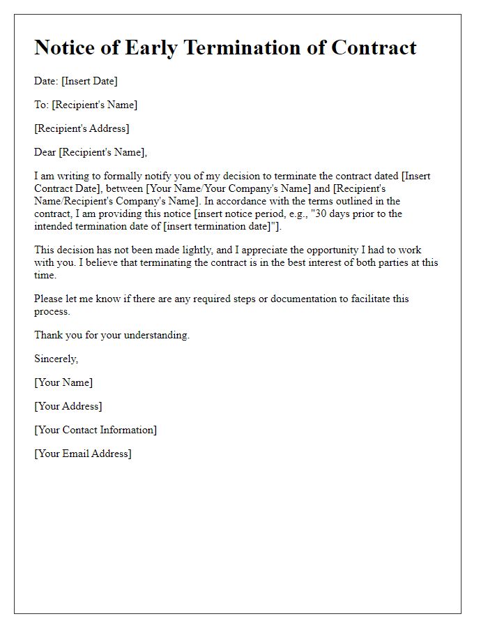 Letter template of Notice for Early Termination of Contract