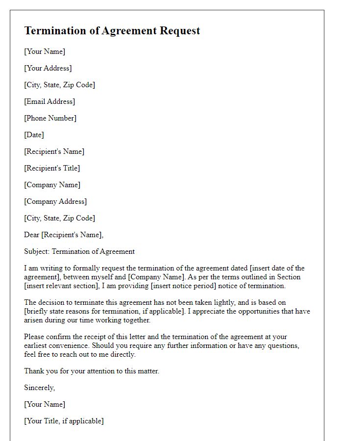 Letter template of Termination of Agreement Request