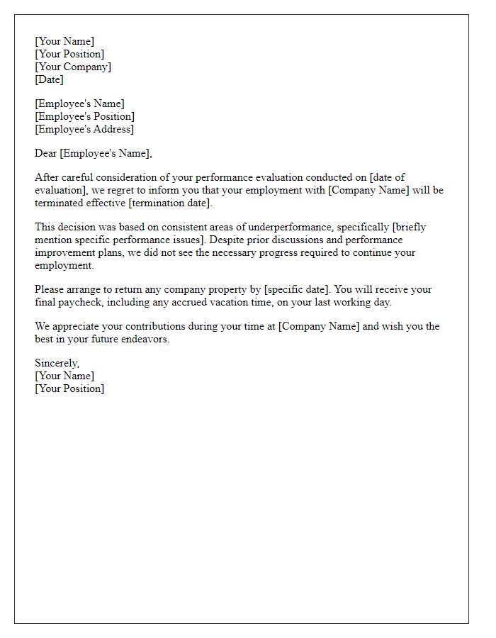 Letter template of termination as a result of performance evaluation outcomes.