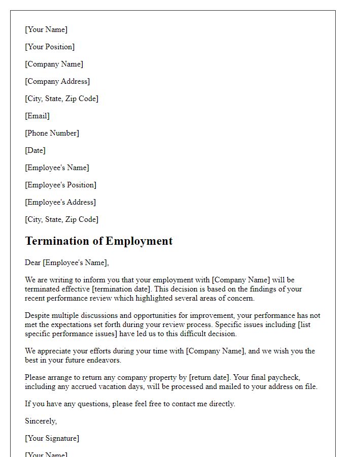 Letter template of termination based on performance review findings.