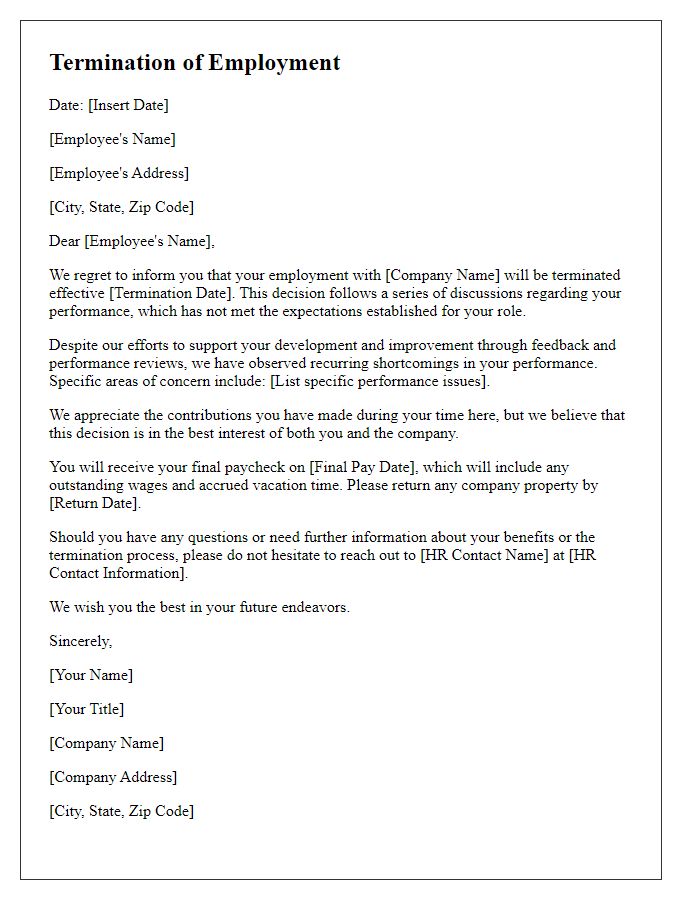 Letter template of termination due to recurring performance shortcomings.