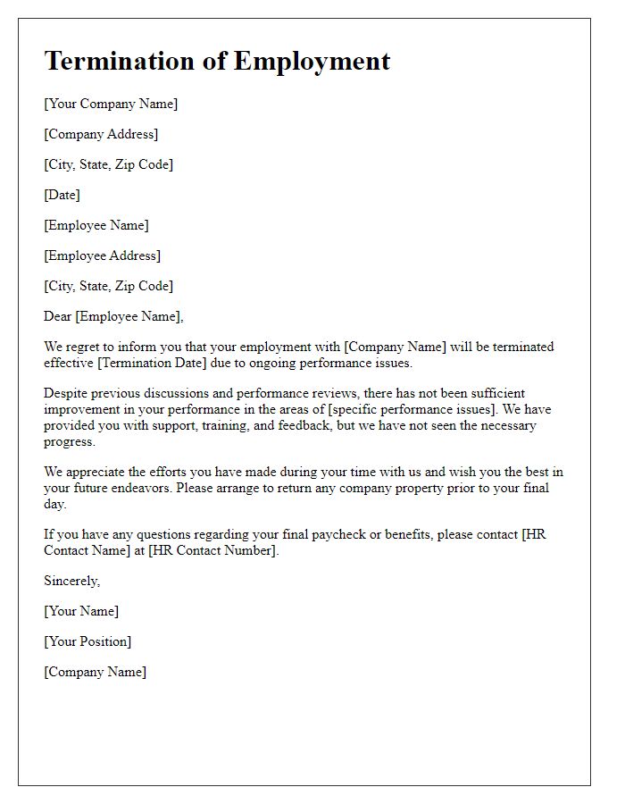 Letter template of termination linked to performance issues.