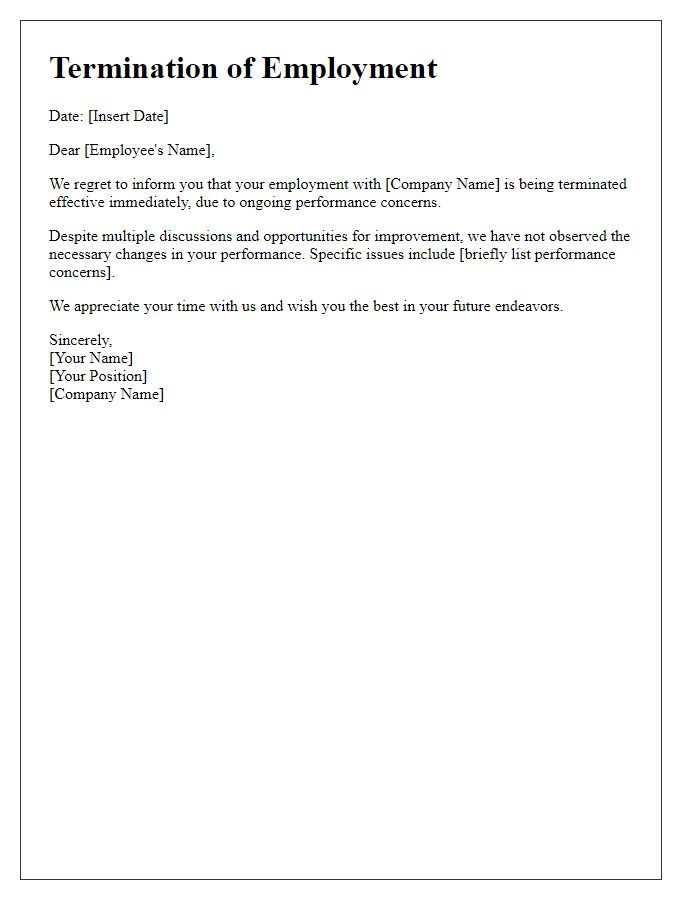Letter template of termination stemming from performance concerns.