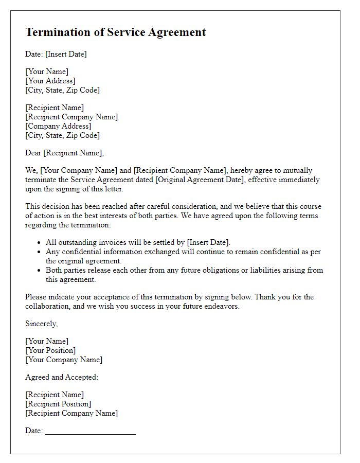 Letter template of termination of service agreement by mutual consent.