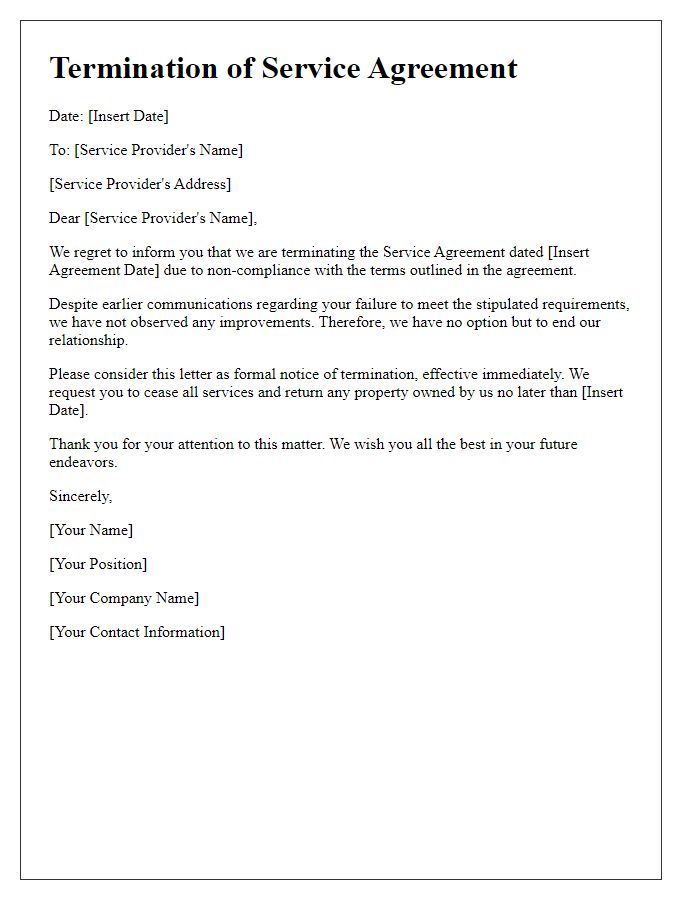 Letter template of termination of service agreement for non-compliance.