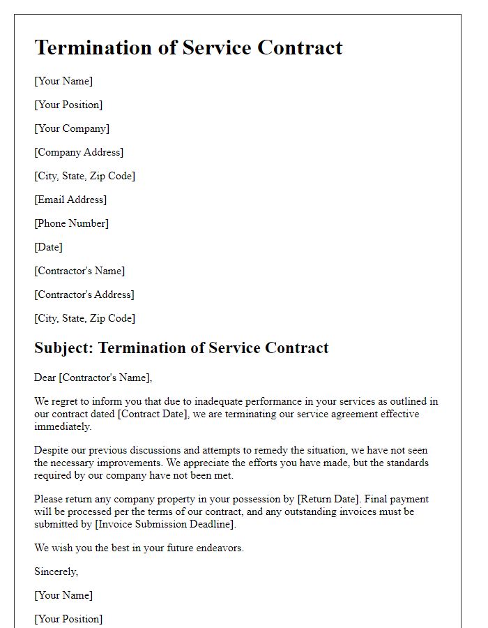 Letter template of termination of service contract due to inadequate performance.