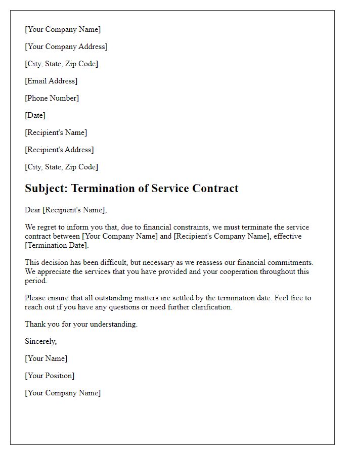 Letter template of termination of service contract for financial reasons.