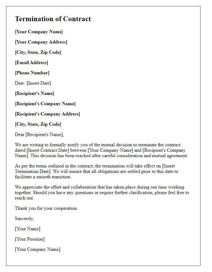 Letter template of bilateral termination of contract