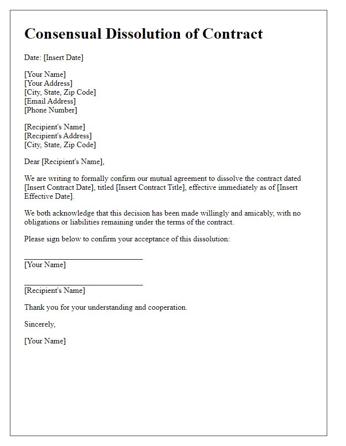 Letter template of consensual contract dissolution